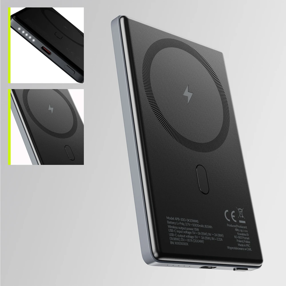 „Allity Sp. su o.o.“ „Allity“ belaidė išorinė baterija APB-300 PD QC 20W 5000 mAh magnetinė pilka