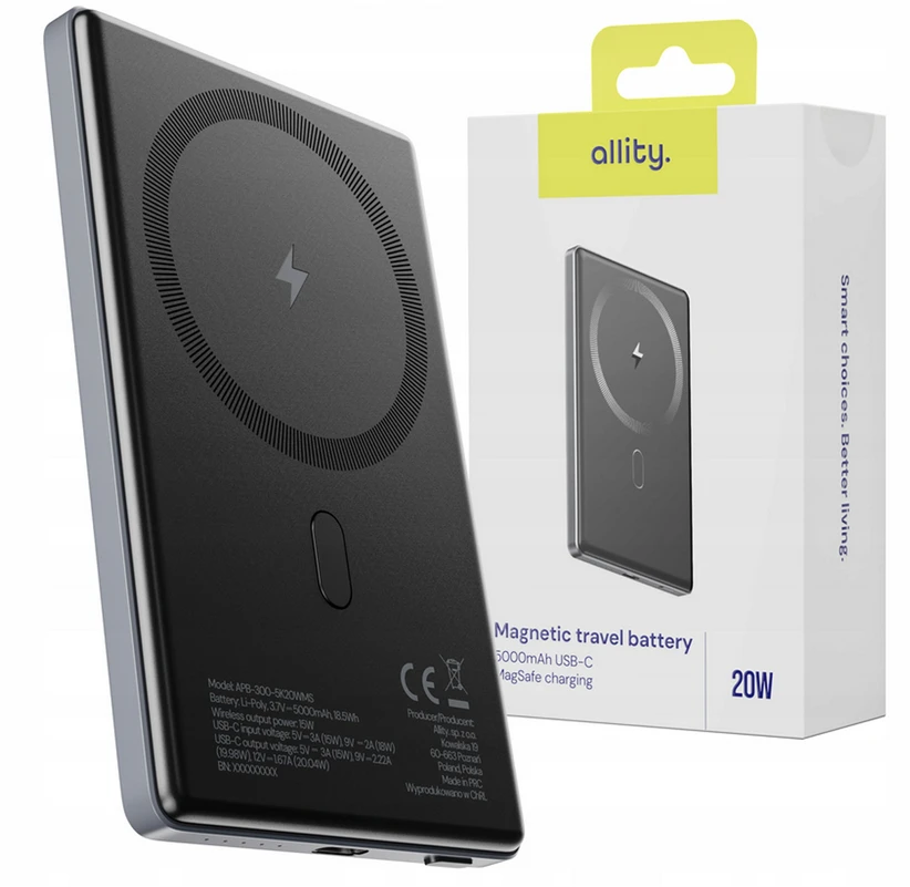 „Allity Sp. su o.o.“ „Allity“ belaidė išorinė baterija APB-300 PD QC 20W 5000 mAh magnetinė pilka