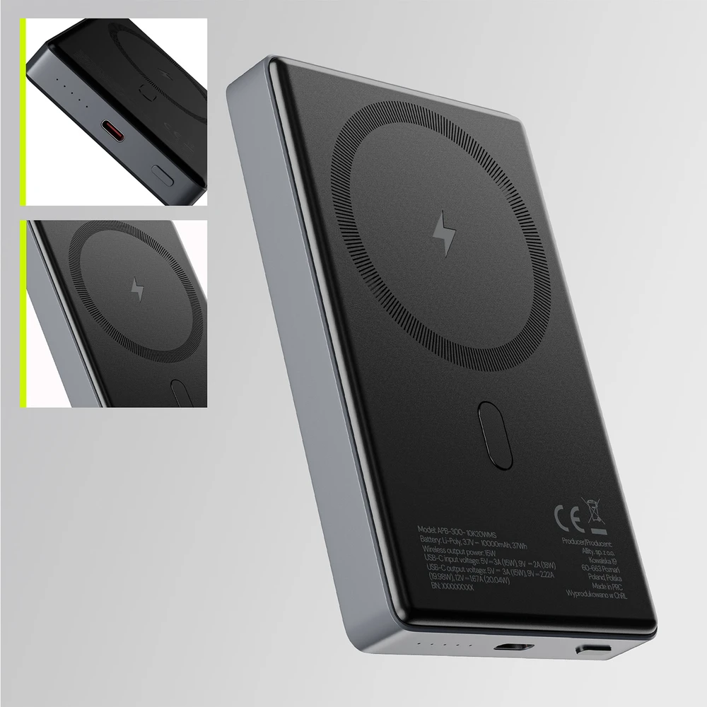 „Allity Sp. su o.o.“ „Allity“ belaidė išorinė baterija APB-300 PD QC 20W 10000 mAh magnetinė pilka