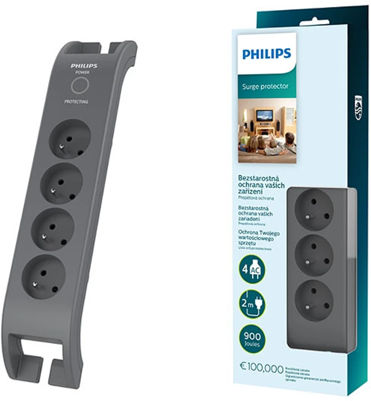 „Philips“ viršįtampių apsauga, 4 lizdai, 2 m, juoda, SPN3140A/60