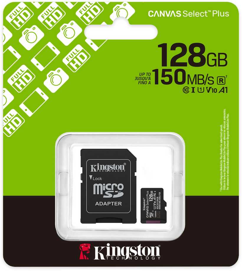 Kingston Technology Deutschland „Kingston“ 128 GB Micro SDXC Canvas Select Plus Gen3 150 MB/s A1 atminties kortelė + adapteris