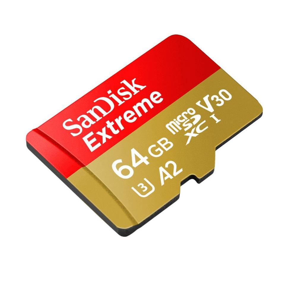 Atminties kortelė „SanDisk Extreme Micro SDXC 64GB“ + SD adapteris + „Rescue Pro Deluxe“ 160 MB/s A2 C10 V30 UHS-I U3; EAN: 619659169770