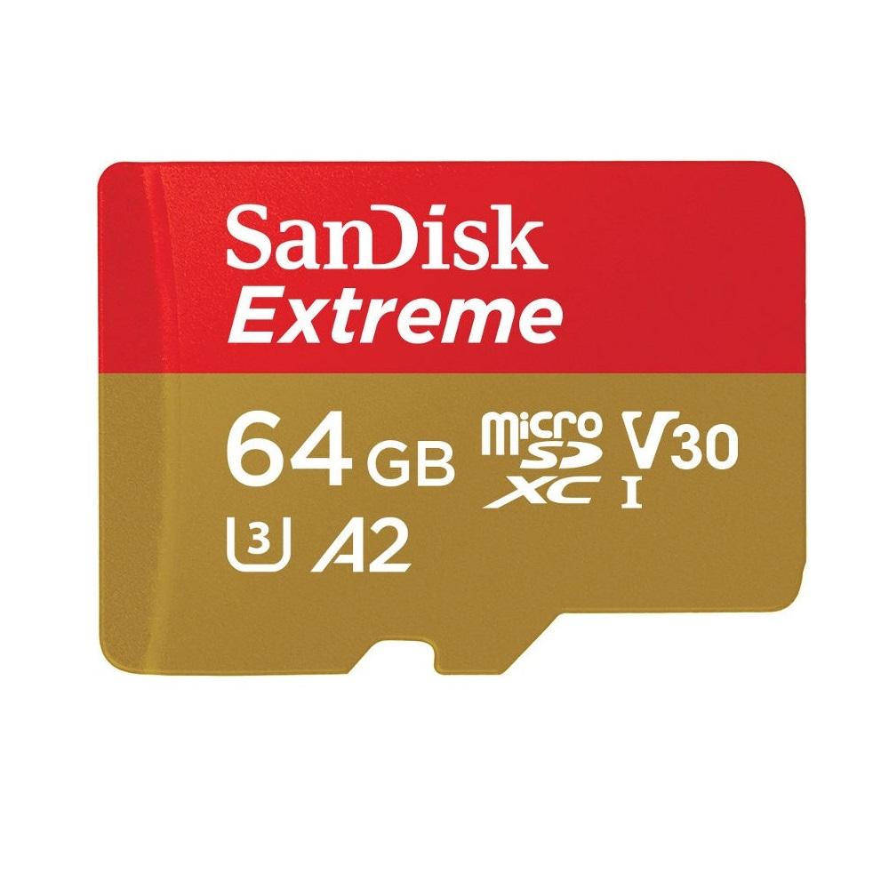Atminties kortelė „SanDisk Extreme Micro SDXC 64GB“ + SD adapteris + „Rescue Pro Deluxe“ 160 MB/s A2 C10 V30 UHS-I U3; EAN: 619659169770