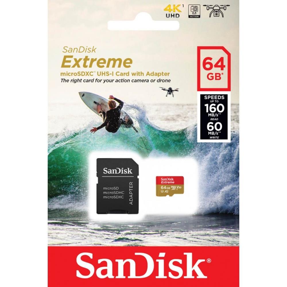 Atminties kortelė SANDISK Extreme Micro SDXC 64 GB veiksmo kameroms ir dronams + SD adapteris 160 MB/s A2 C10 V30 UHS-I U3