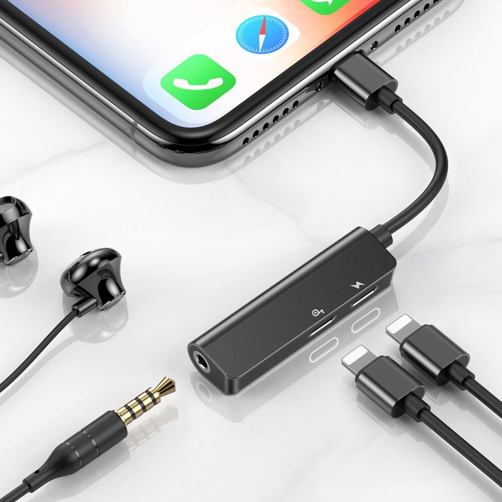Dėklas Baseusas Baseus L52 garso adapteris iš Lightning į 3.5mm ir 2x Lightning - juodas
