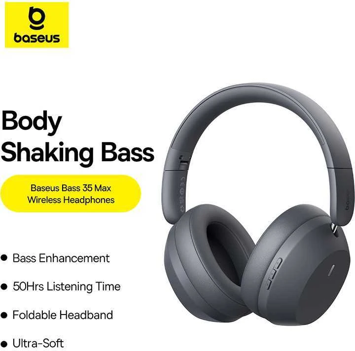 Baseus Belaidės Bluetooth 5.3 ausinės Bass 35 Max su mikrofonu, pilkos