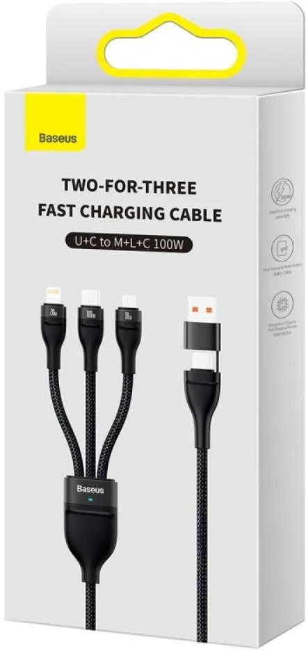 Baseus Flash Series 2 3in1 USB laidas USB-C + micro USB + Lightning 100W 1,2m – Juodas