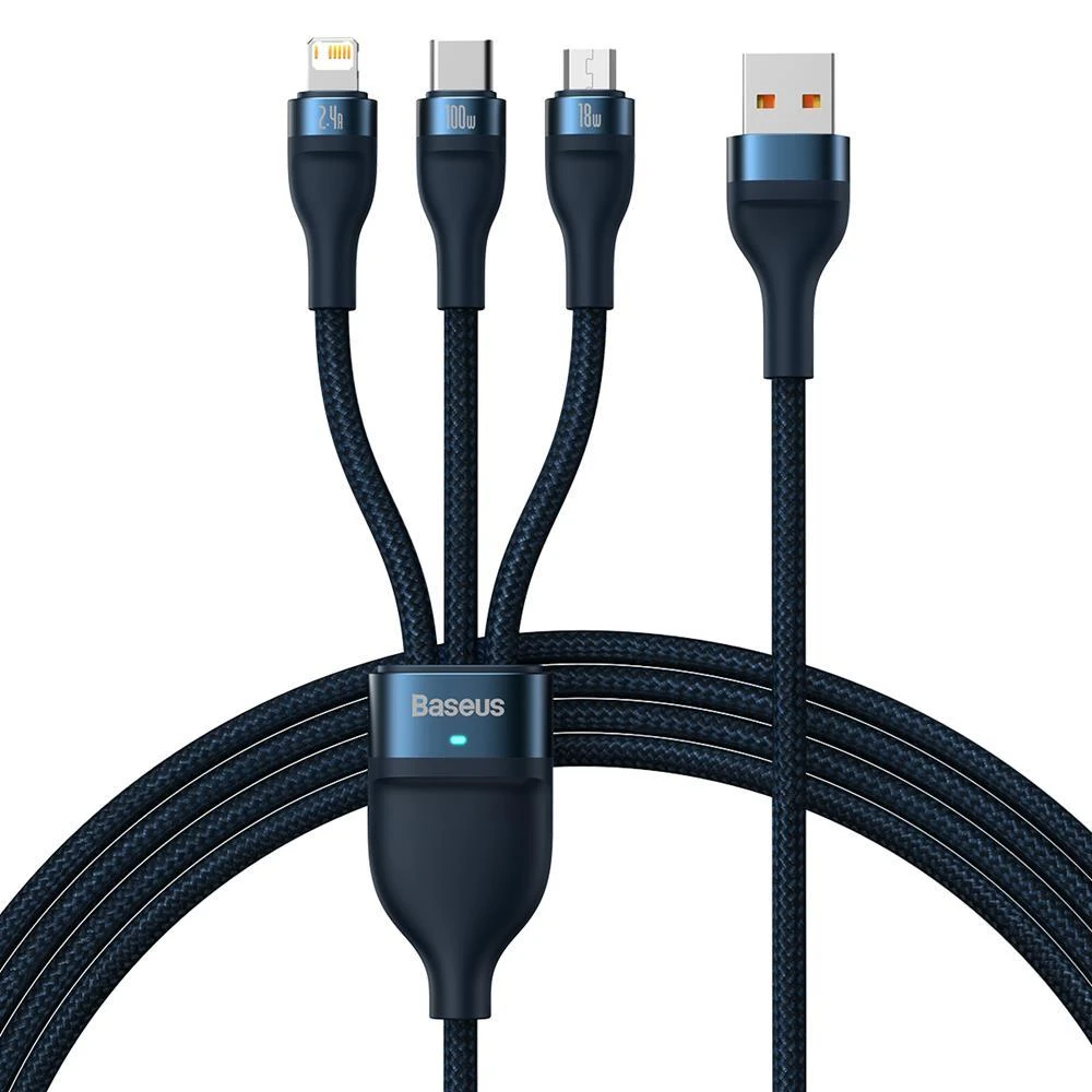 Baseus Flash Series 2 3in1 USB laidas USB-C + micro USB + Lightning 100W 1.2m – Mėlynas