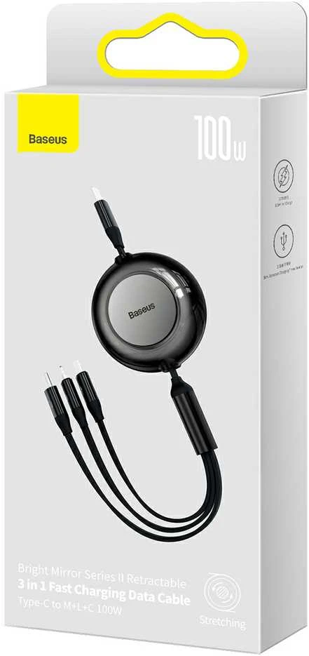 USB laidas Baseus Bright Mirror 2 Type-C į MicroUSB/Type-C/Lightning 3.5A 1.1m juodas CAMJ010201