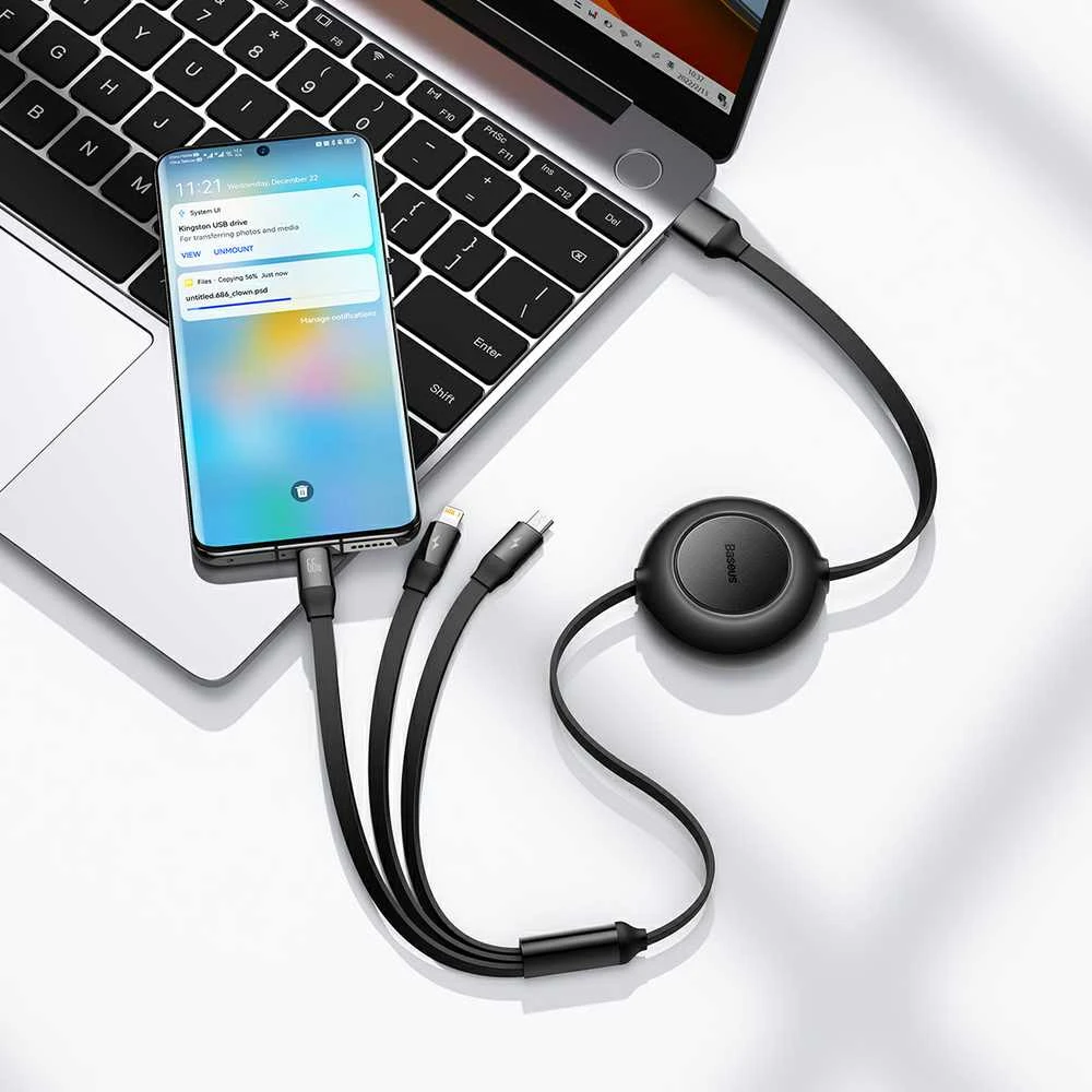 Baseus Bright Mirror 3 USB 3-in-1 kabelis skirtas micro USB USB-C Lightning 66W 2A 1,1m – Juodas