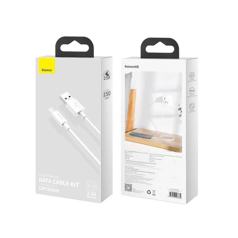 Baseus Simple Wisdom Data kabelių rinkinys USB Micro 2.1a (2vnt) 1.5m - Baltas