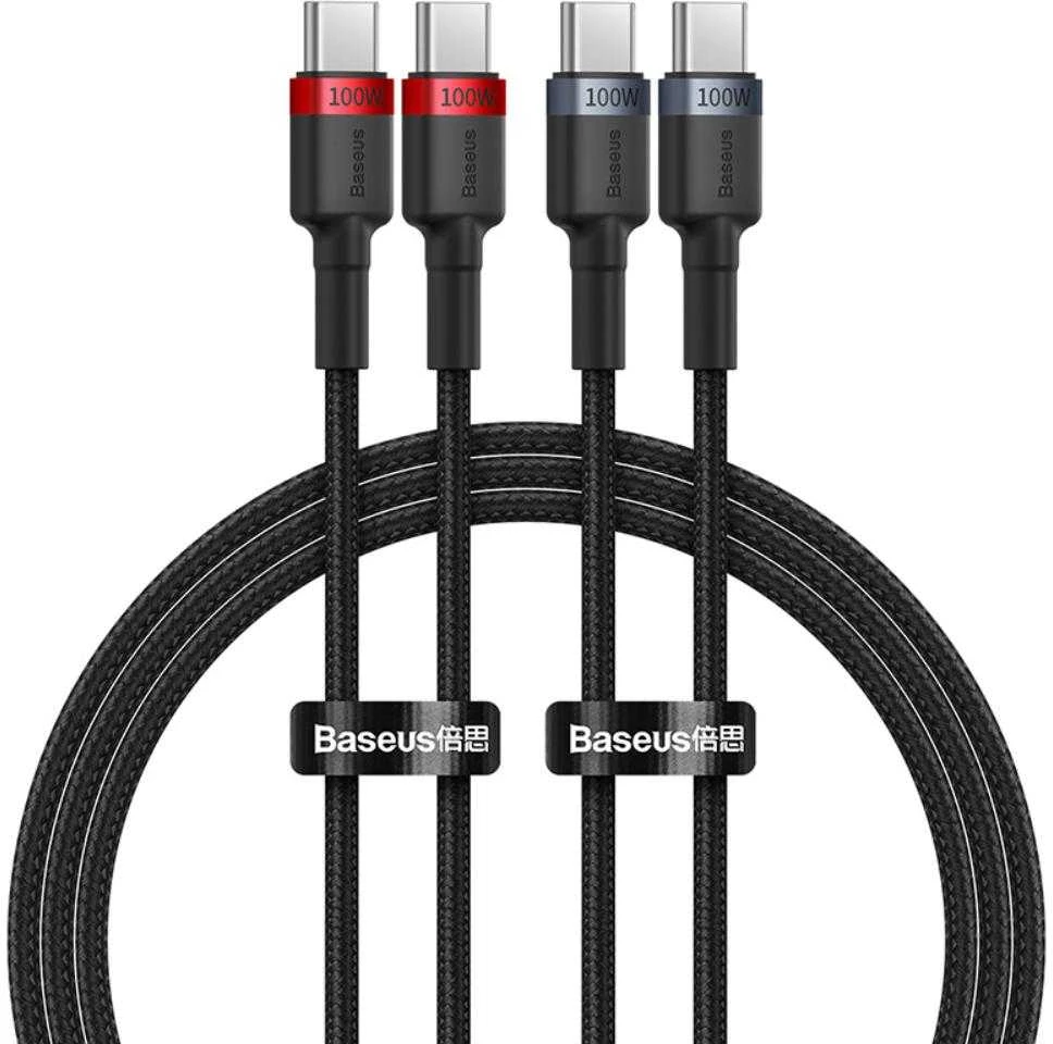 Kabelis Baseus Cafule USB-C į USB-C 100W, 1m, 2 vnt (raudona juoda, pilka juoda)