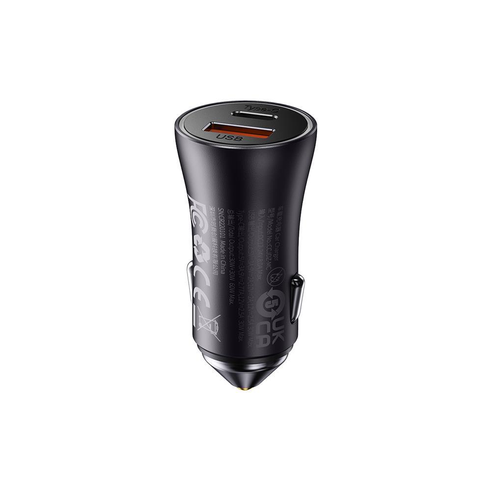 Automobilinis įkroviklis Baseus Golden Contactor Max USB + USB-C 60W - pilkas