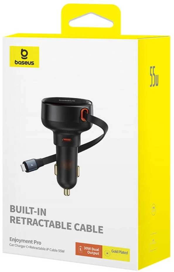 Automobilinis įkroviklis Baseus Enjoyment Pro su USB-C laidu, 60 W (juodas)