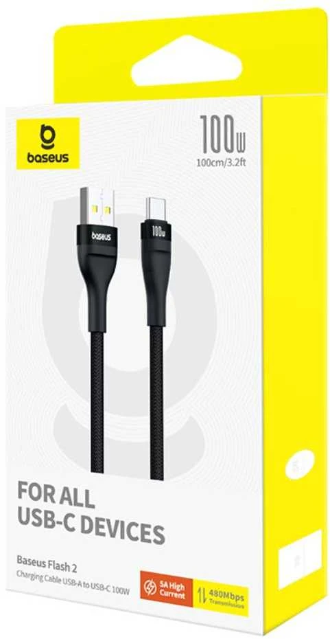 Įkrovimo kabelis Baseus Flash 2 USB į USB-C 100W, 2m (juodas)