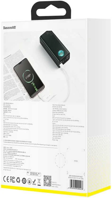 LiPo išorinis akumuliatorius (Powerbank) 30000mAh 65W su PD3.0 QC3.0 4xUSB + USB C Amblight juodas BASEUS