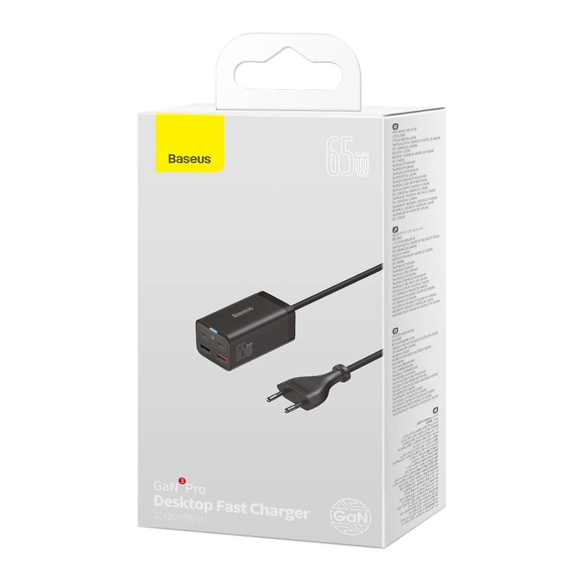 Baseus Sieninis įkroviklis GaN3 Pro 65W 2xUSB + 2xUSB-C QC4+ PD3.0 su USB-C 1.5m laidu, juodas