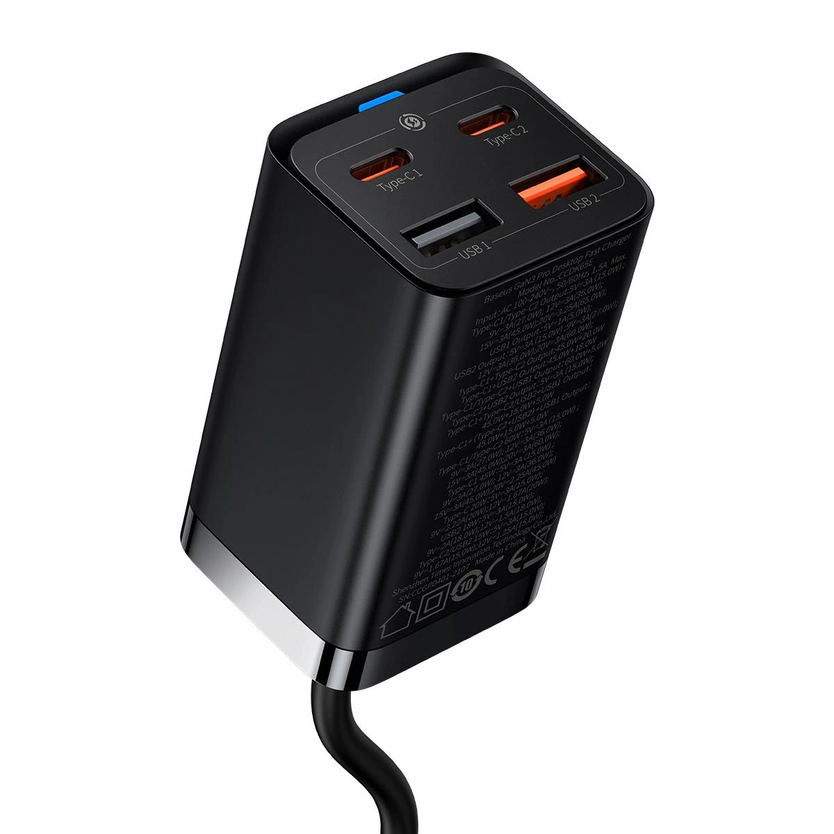 Baseus Sieninis įkroviklis GaN3 Pro 65W 2xUSB + 2xUSB-C QC4+ PD3.0 su USB-C 1.5m laidu, juodas