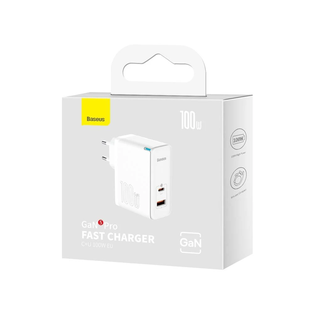 Baseus GaN5 Pro USB-C + USB sieninis įkroviklis, 100W + 1m laidas (baltas)
