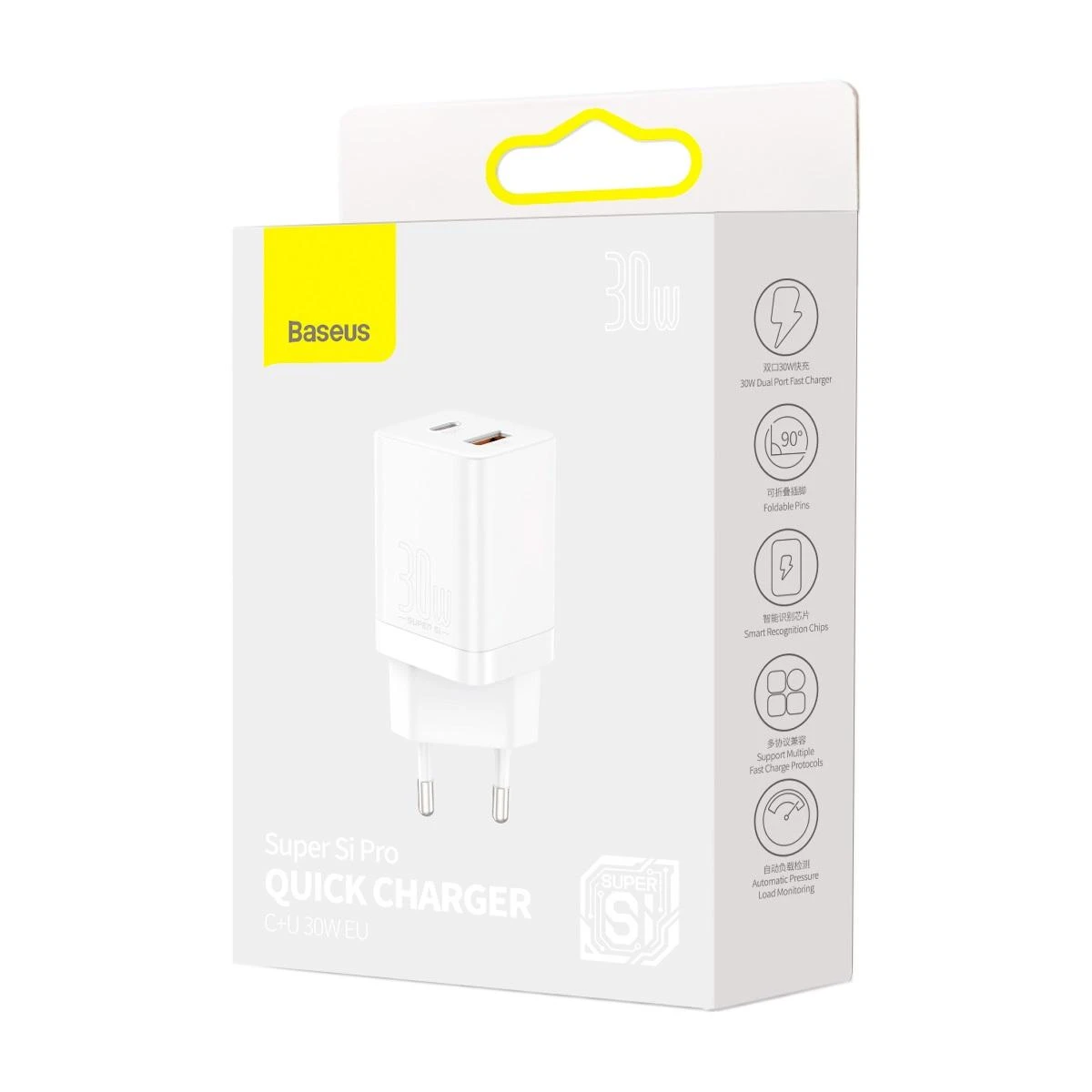 Baseus Super Si Pro įkroviklis USB + USB-C 30W - Baltas