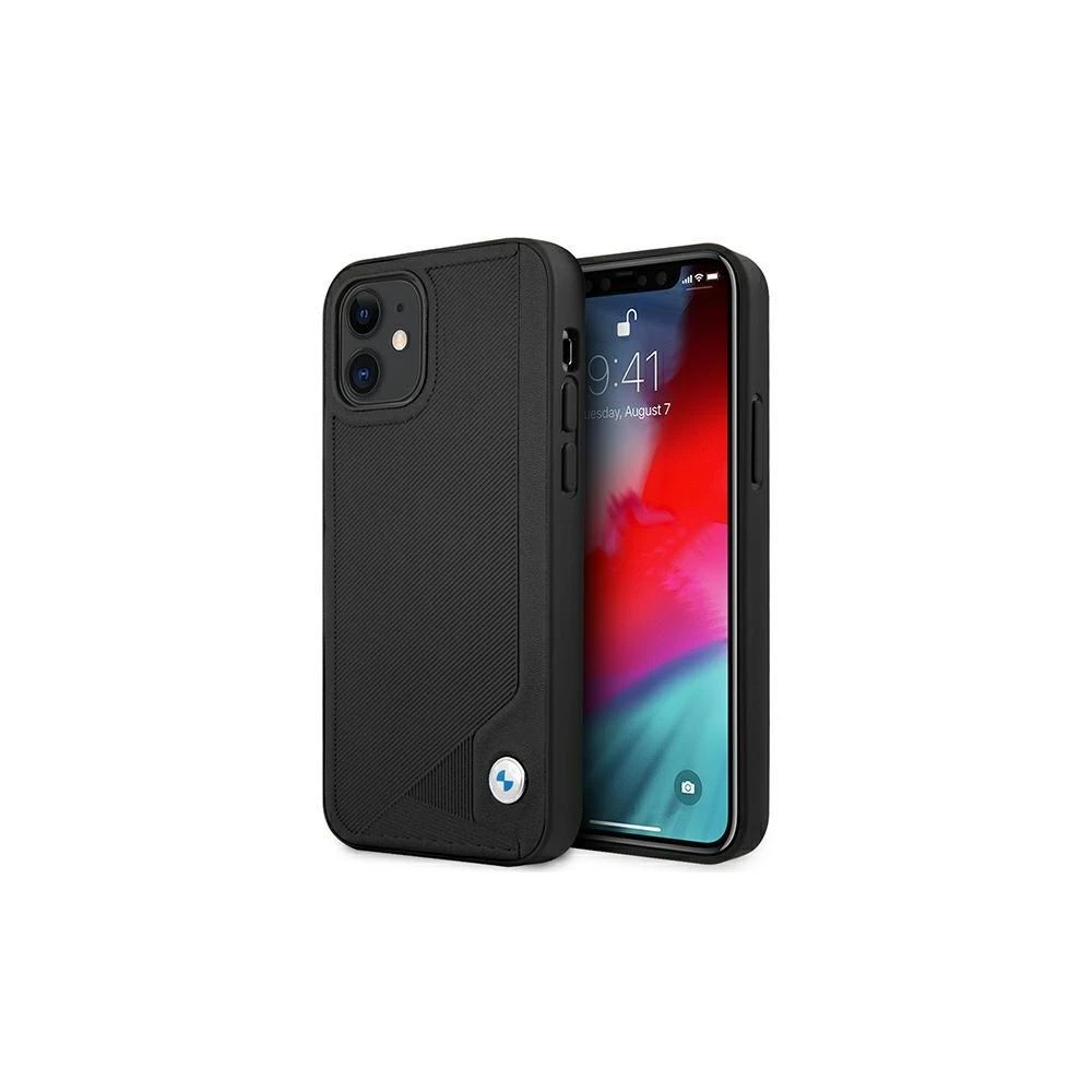 BMW BMHCP12MRCDPK Apple iPhone 12 / 12 Pro 6,1″ juodos spalvos kietas dėklas Leather Deboss
