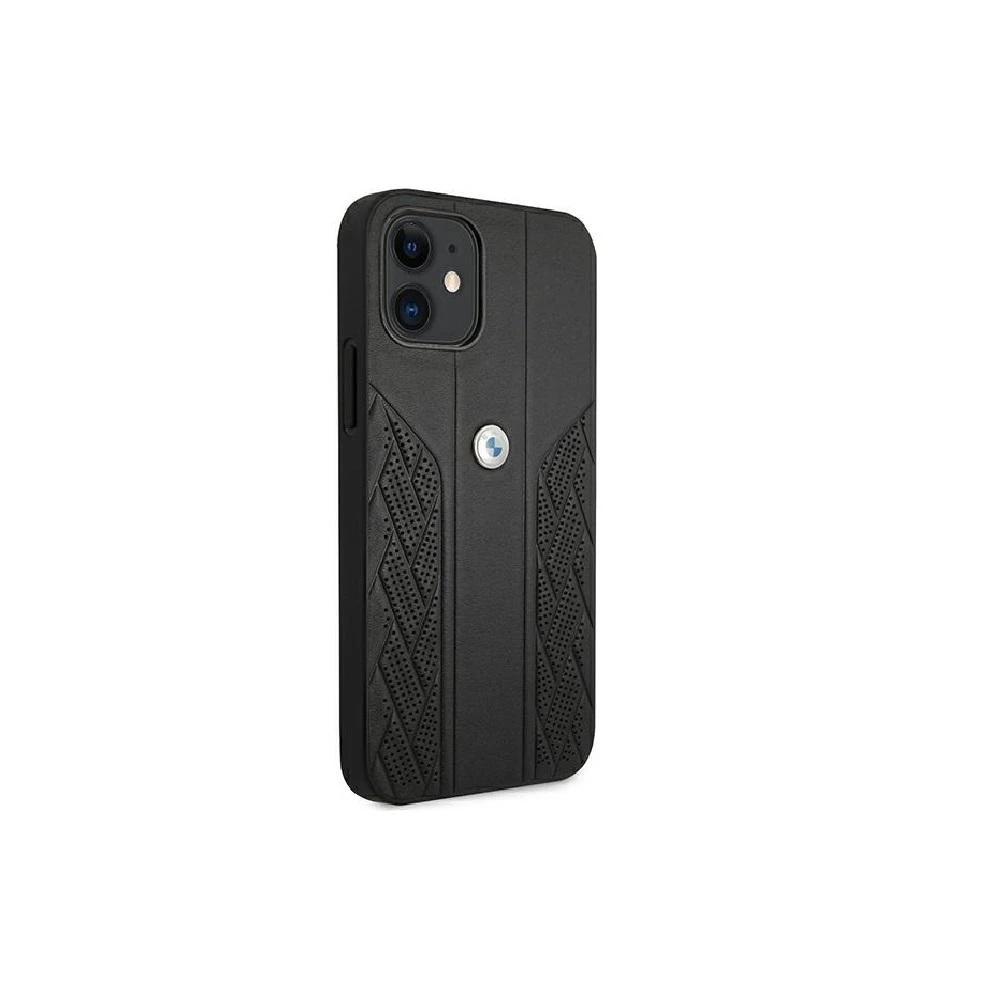 BMW BMHCP12MRSPPK Apple iPhone 12 / 12 Pro 6,1″ juodos spalvos kietas dėklas Leather Curve Perforate
