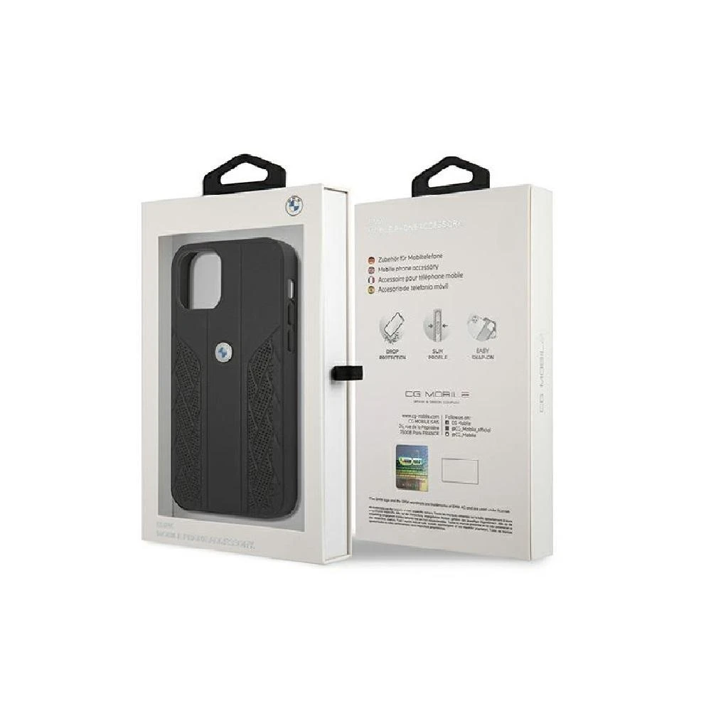 BMW BMHCP12MRSPPK Apple iPhone 12 / 12 Pro 6,1″ juodos spalvos kietas dėklas Leather Curve Perforate