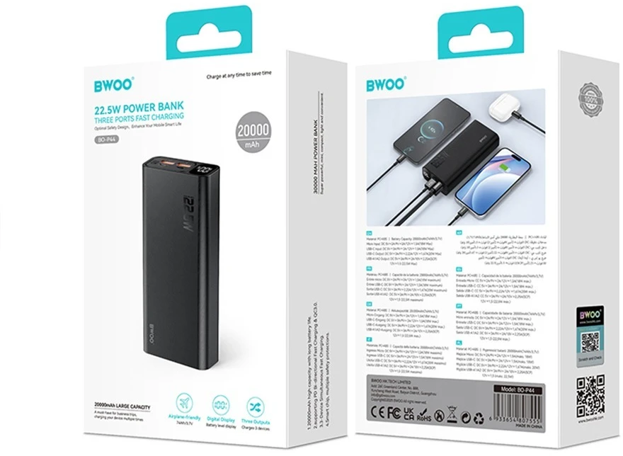 BWOO išorinė baterija 22,5 W, 20000 mAh su LCD ekranu, juoda