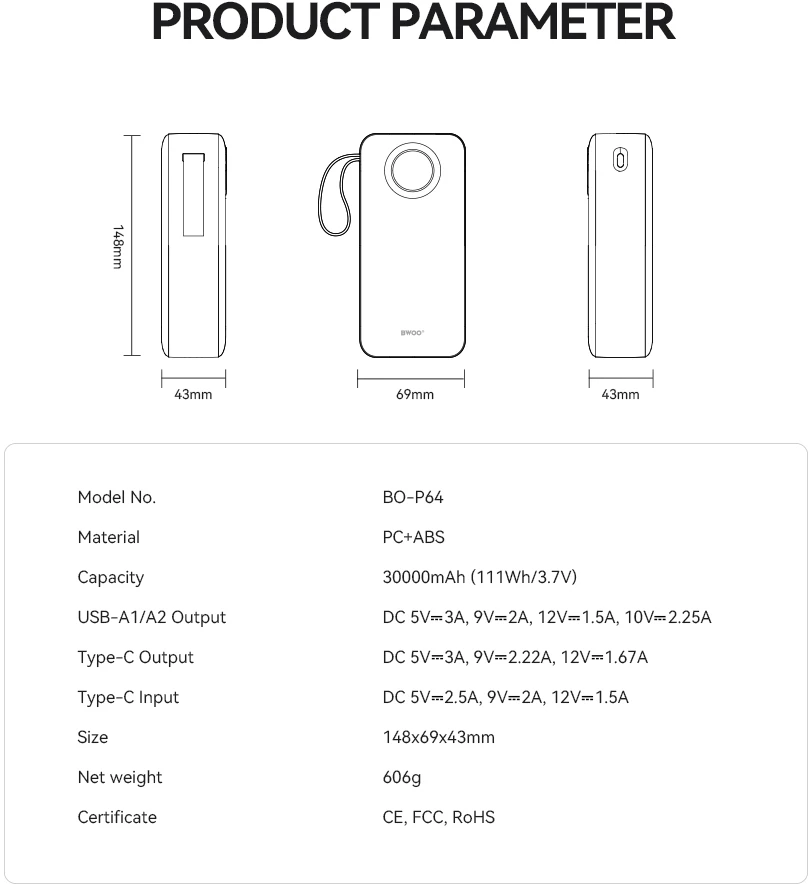 Išorinė baterija POWER BANK Bwoo (BO-P64) 30000mAh (2xUSB; 1xUSB-C; 22,5W) juoda