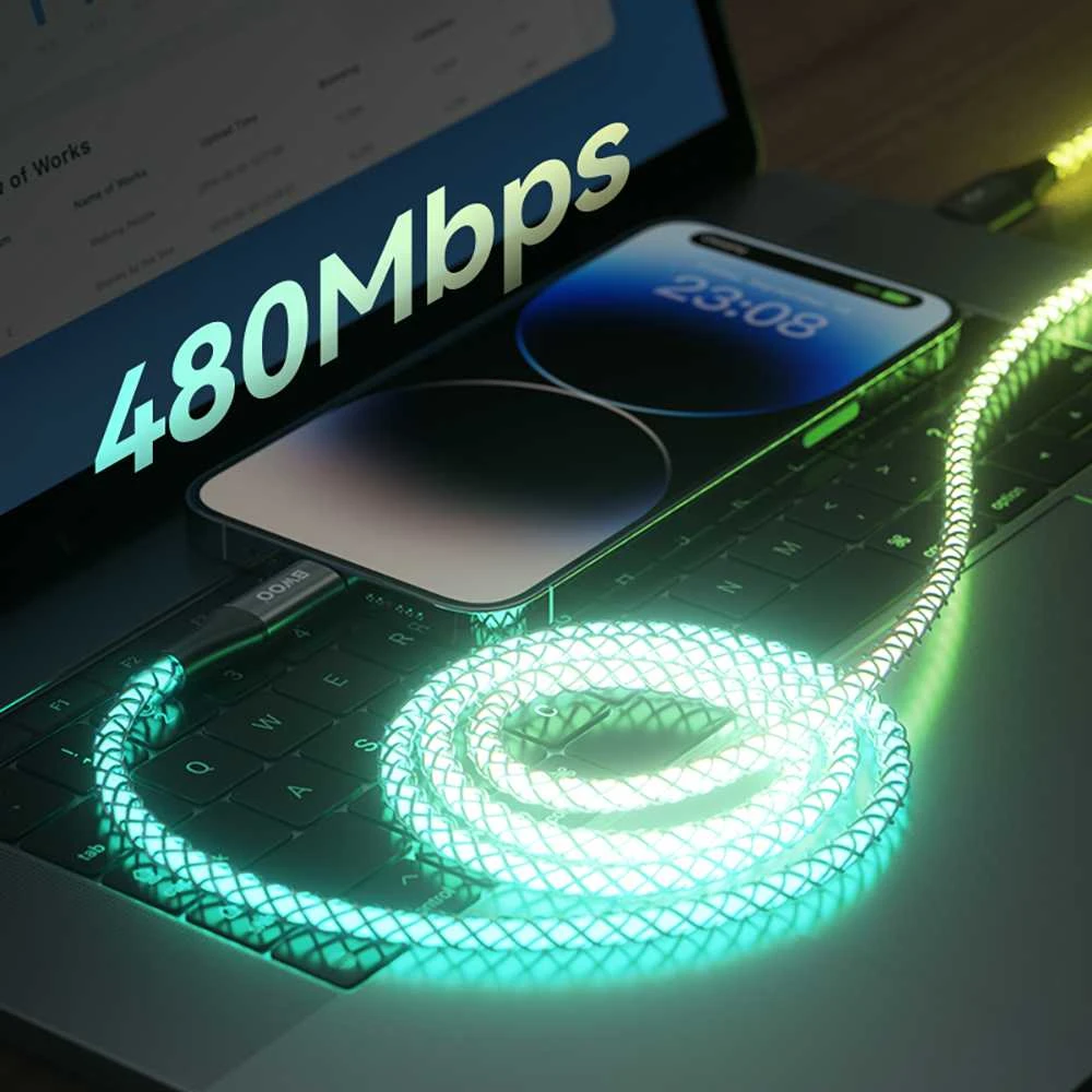 BWOO 27W kabelis X279C-L USB-C į žaibo jungtį su RGB spalvotu apšvietimu