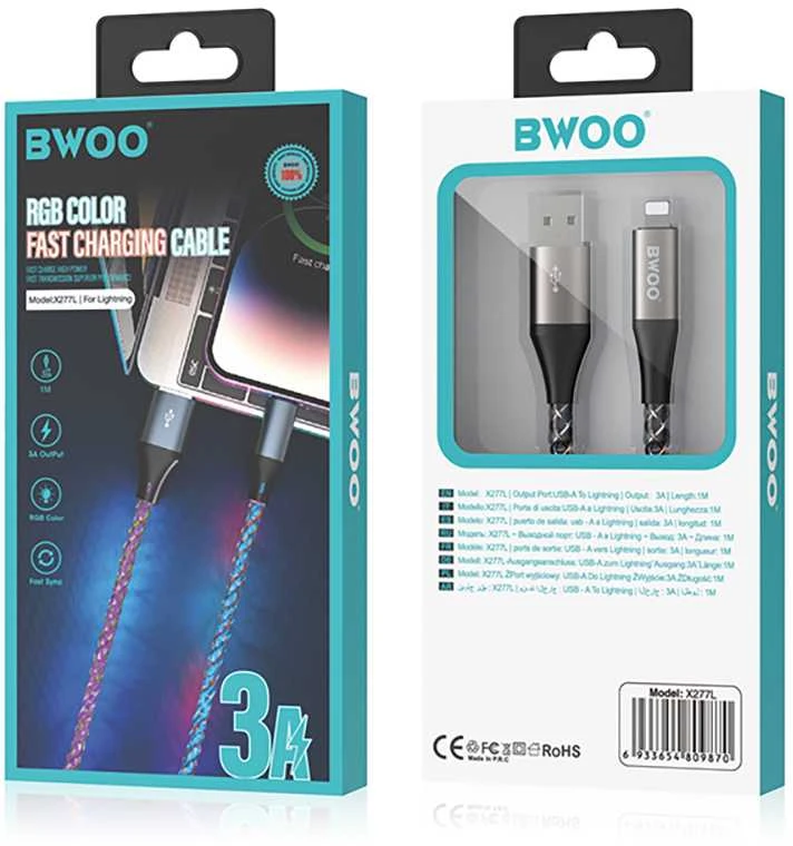 BWOO 27W kabelis X279C-L USB-C į žaibo jungtį su RGB spalvotu apšvietimu