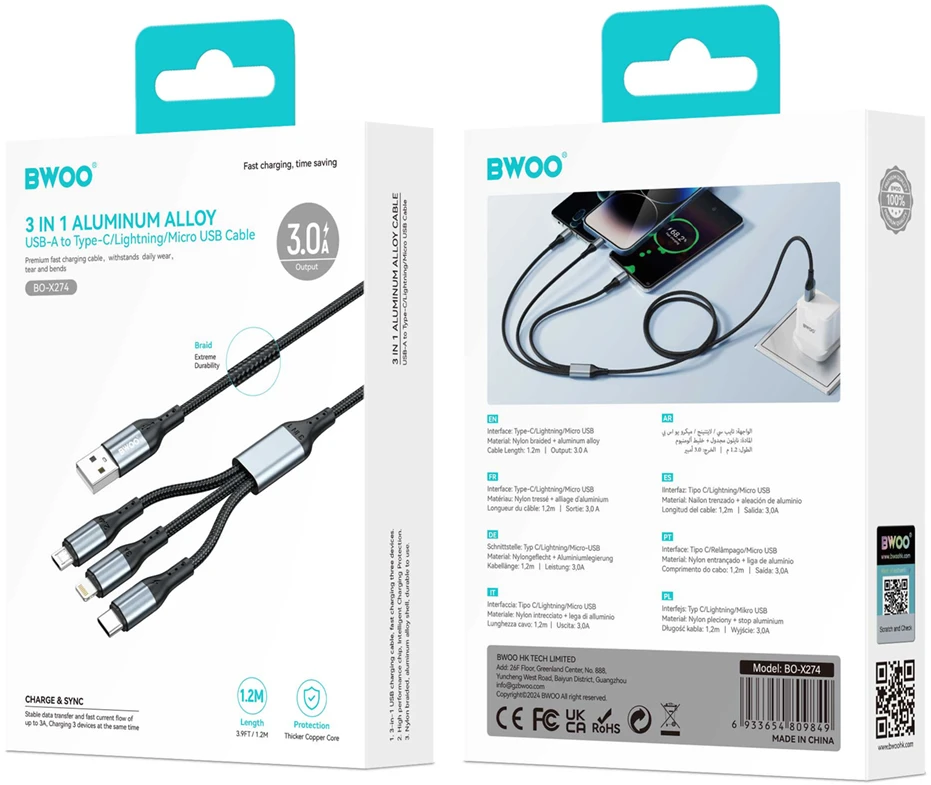 BWOO greitas 3 in 1 USB 3A įkrovimo kabelis X274