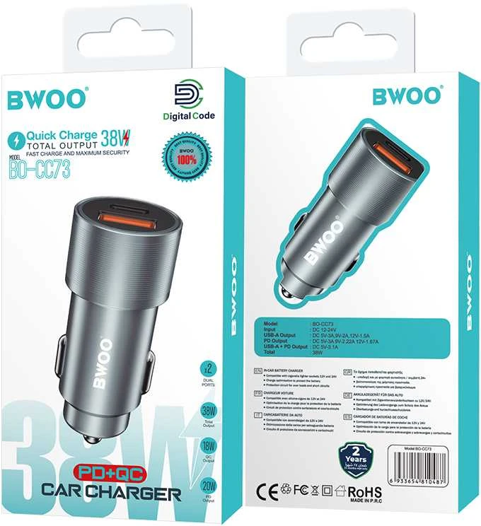 Įkroviklis automobilinis Bwoo (CC73) (1xUSB; 1xUSB-C; 38W) juodas
