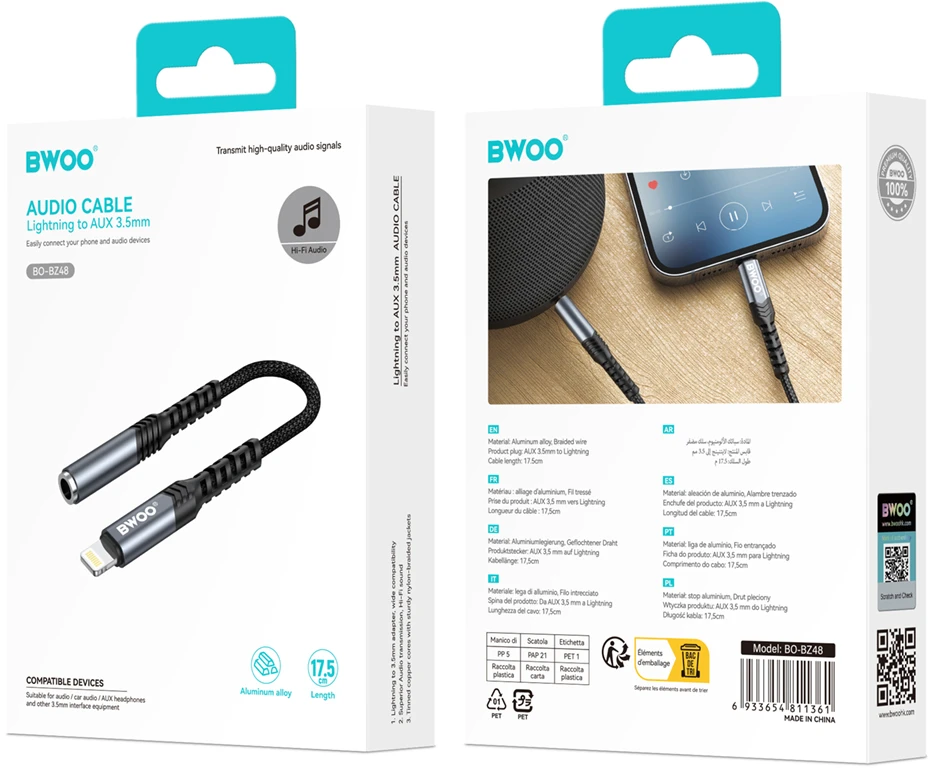 Oem BWOO garso adapterio kabelis BZ48 aux 3,5 mm į žaibolaidį juodas