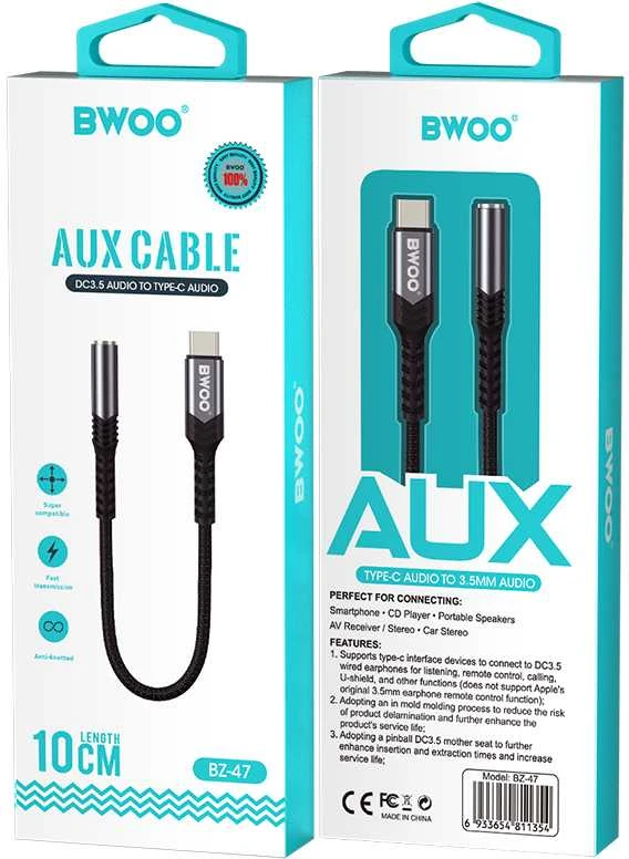 BWOO garso adapterio kabelis BZ47 aux 3,5 mm į USB-C juodas