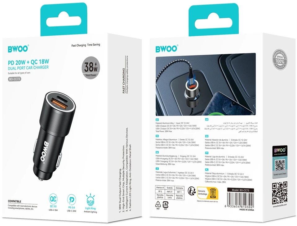 Įkroviklis automobilinis Bwoo (CC73) (1xUSB; 1xUSB-C; 38W) juodas
