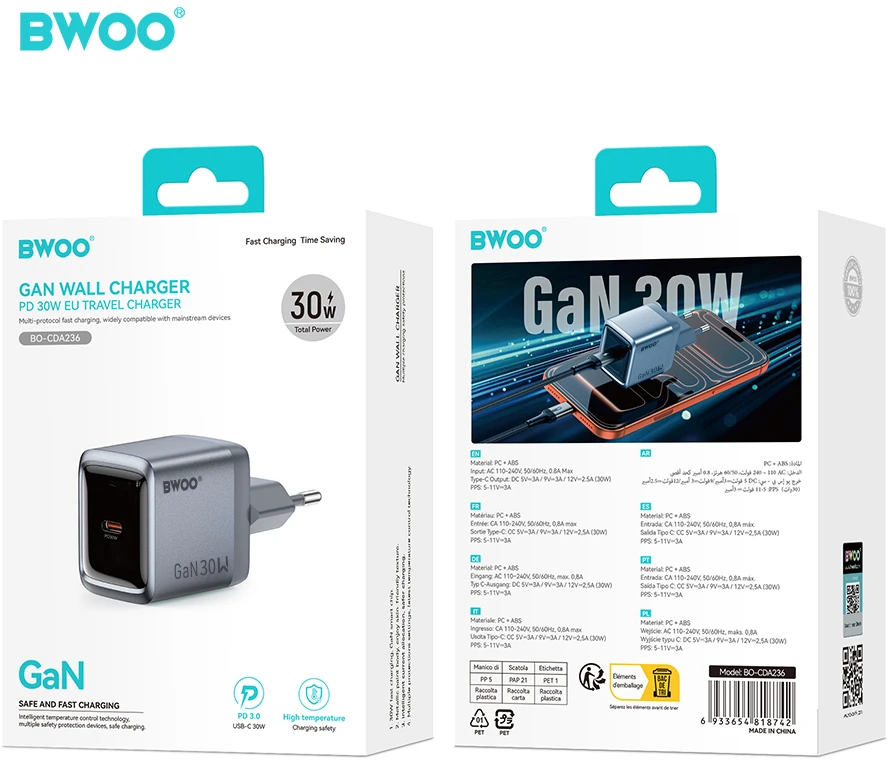 BWOO BO-CDA236 GaN wall charger 1xUSB-C 3A PD 30W pilkas with PPS