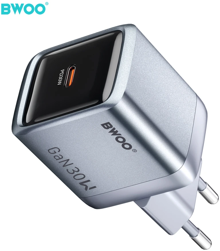 BWOO BO-CDA236 GaN wall charger 1xUSB-C 3A PD 30W pilkas with PPS