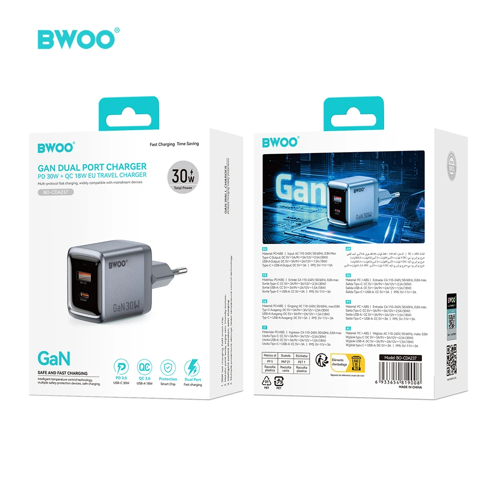 Canyon BWOO BO-CDA237 wall charger 1xUSB-A + 1xUSB-C 3A PD 30W + QC 18W pilkas with PPS