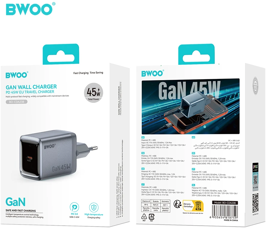 BWOO BO-CDA238 wall charger 1xUSB-C 3A PD 45W pilkas with PPS