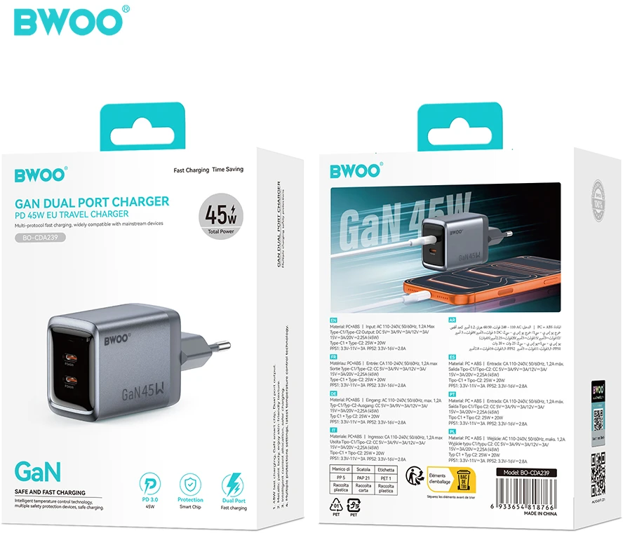 Mathorn BWOO BO-CDA239 wall charger 2xUSB-C 3A PD 45W pilkas with PPS