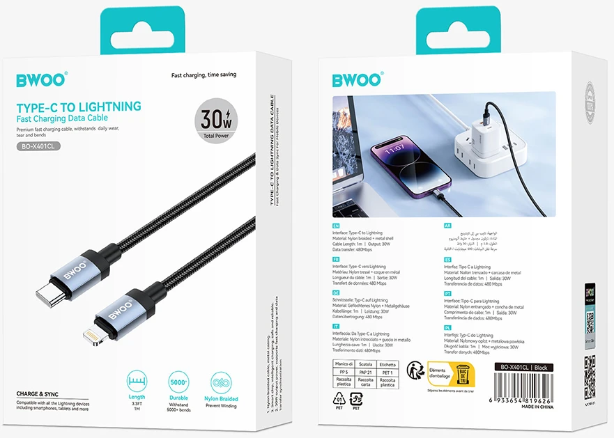 BWOO BO-X401CL braided cable USB-C - Lightning 1m PD 30W juodas