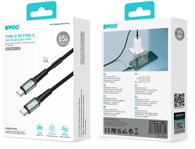 BWOO Braided Cable USB-C - USB-C 3m 60W juodas