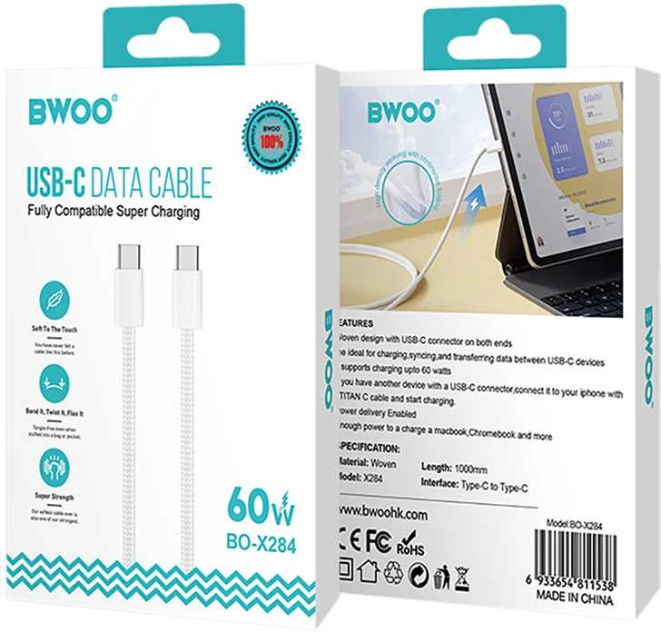 BWOO Fast 60W kabelis BO-X284 USB-C į USB-C, skirtas "iPhone 15" serijai