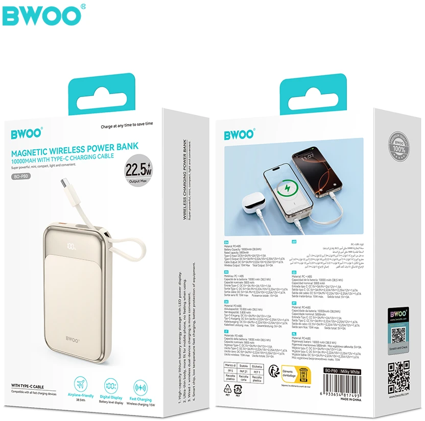 BWOO PD 20W 10000 mAh išorinė baterija su USB-C laidu ir ekranu P80 juoda