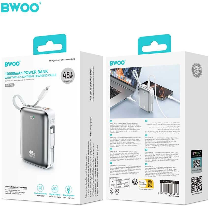 BWOO išorinė baterija P77 45W, 10000 mAh su USB-C ir „Lightning“ laidu, pilka
