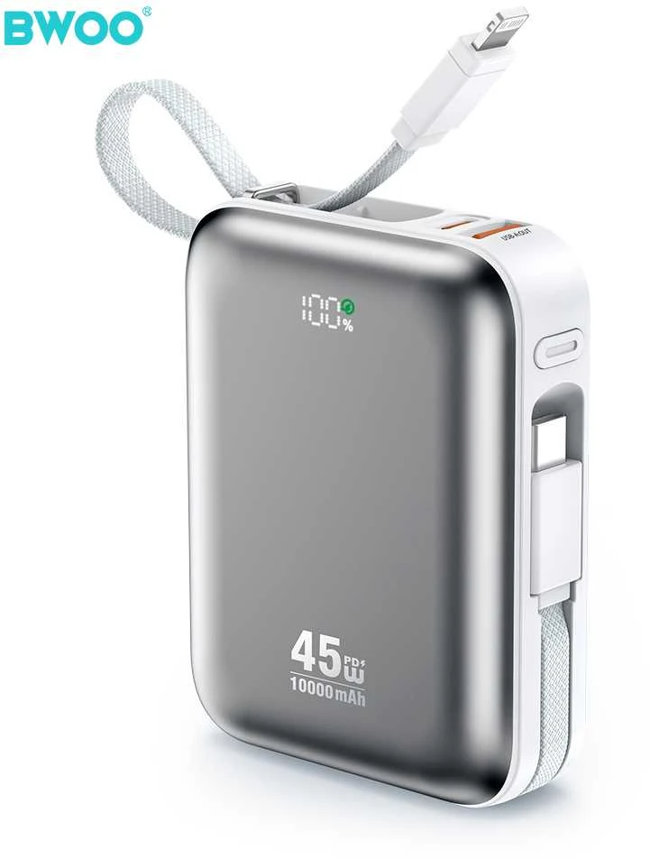 BWOO išorinė baterija P77 45W, 10000 mAh su USB-C ir „Lightning“ laidu, pilka