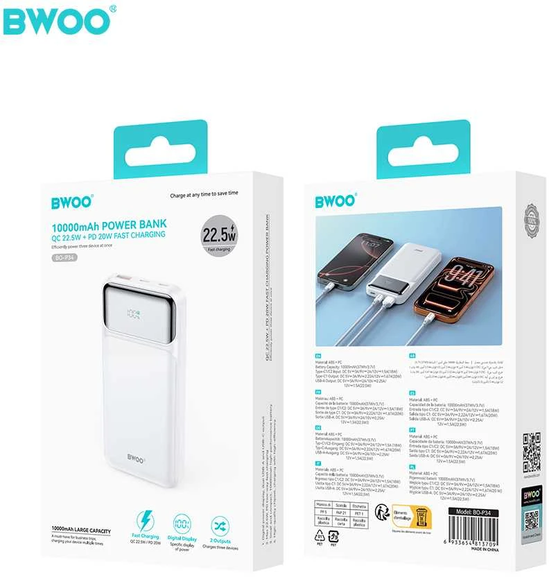 BWOO itin plonas 22,5 W 10000 mAh išorinis akumuliatorius, baltas