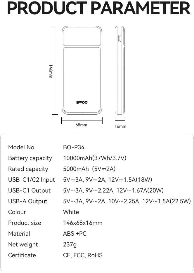 BWOO itin plonas 22,5 W 10000 mAh išorinis akumuliatorius, baltas