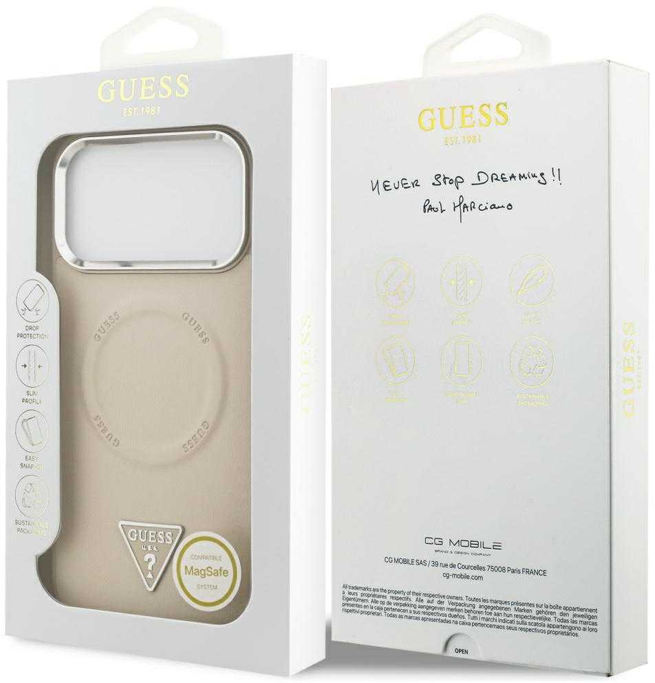 Guess Triangle Logo MagSafe dėklas skirtas Apple iPhone 17 Pro Max rusvai gelsvas